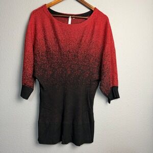 NY Collection Womens 1X Red Black Ombre Sparkle Knit Dolman Witchy Tunic Sweater